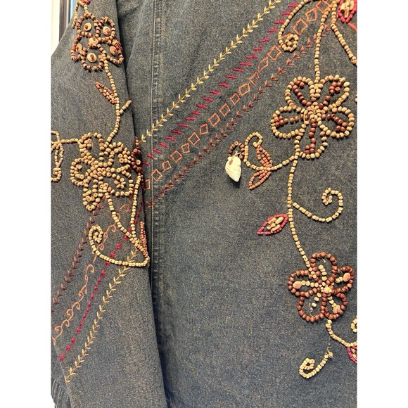 Units Woman 2X Denim Button Long Sleeve Shirt Jacket Beading Mixed Media Boho - Picture 9 of 10